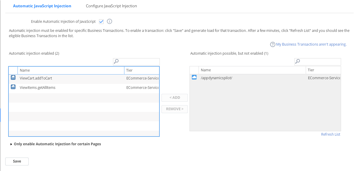 Automatic JavaScript Injection UI screen