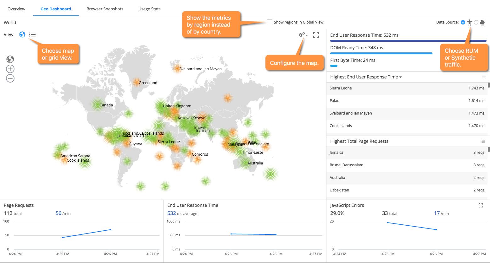 Browser app geo dashboard UI