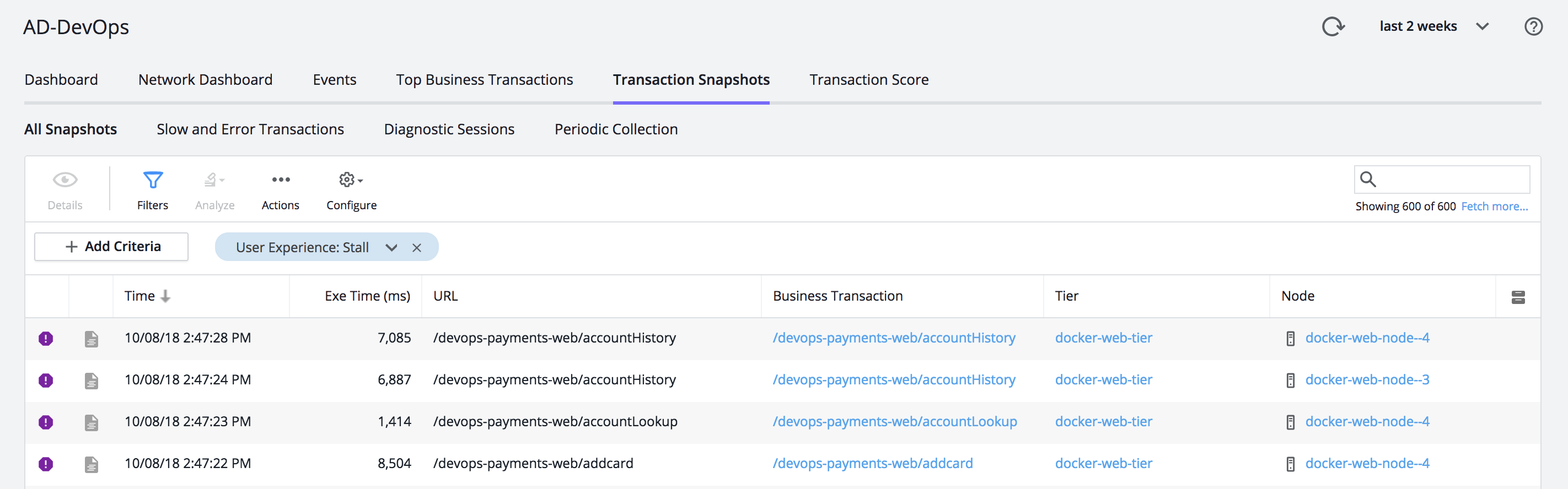 Transaction Snapshots list