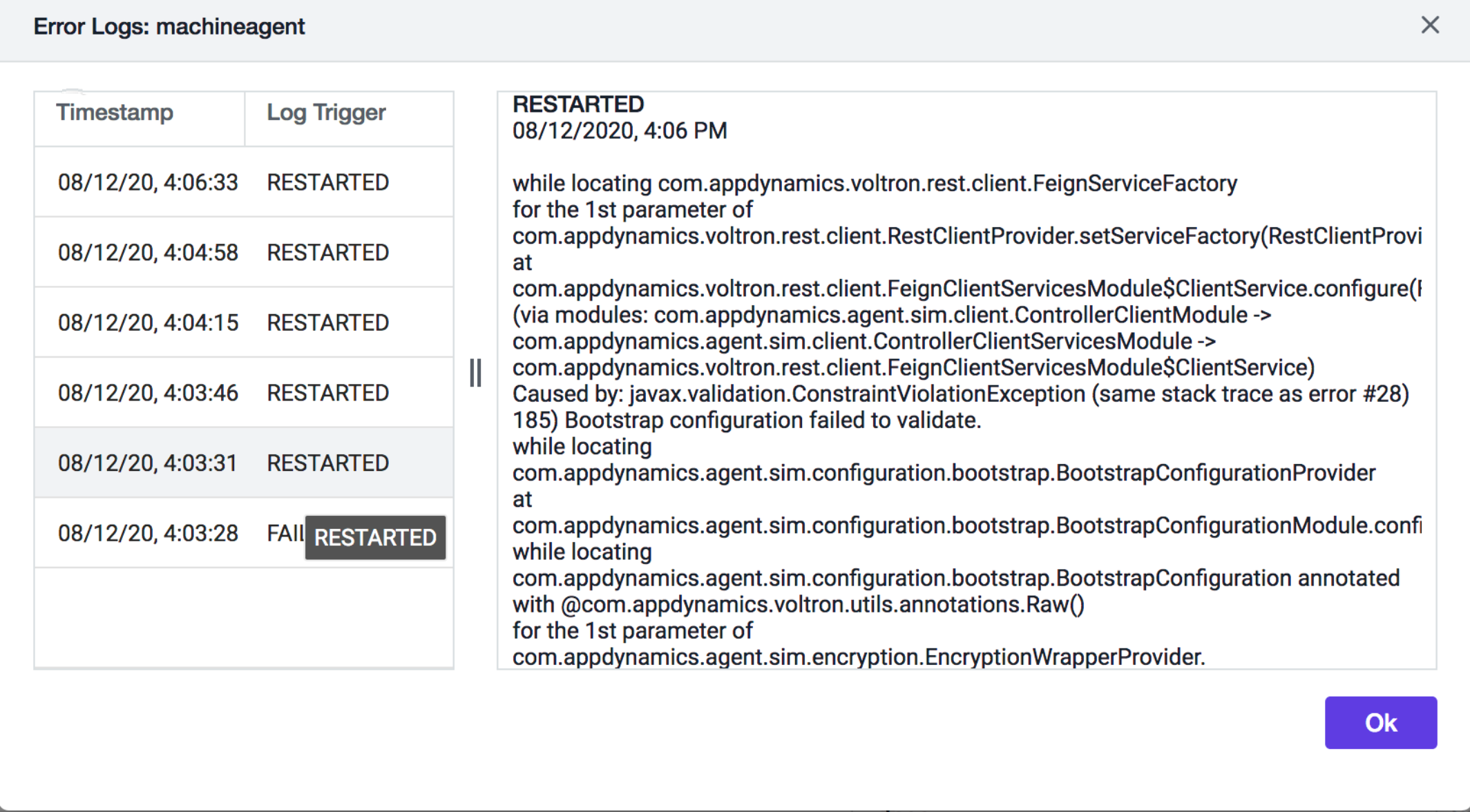 The details of the error log is displayed along with timestamp and the log trigger status