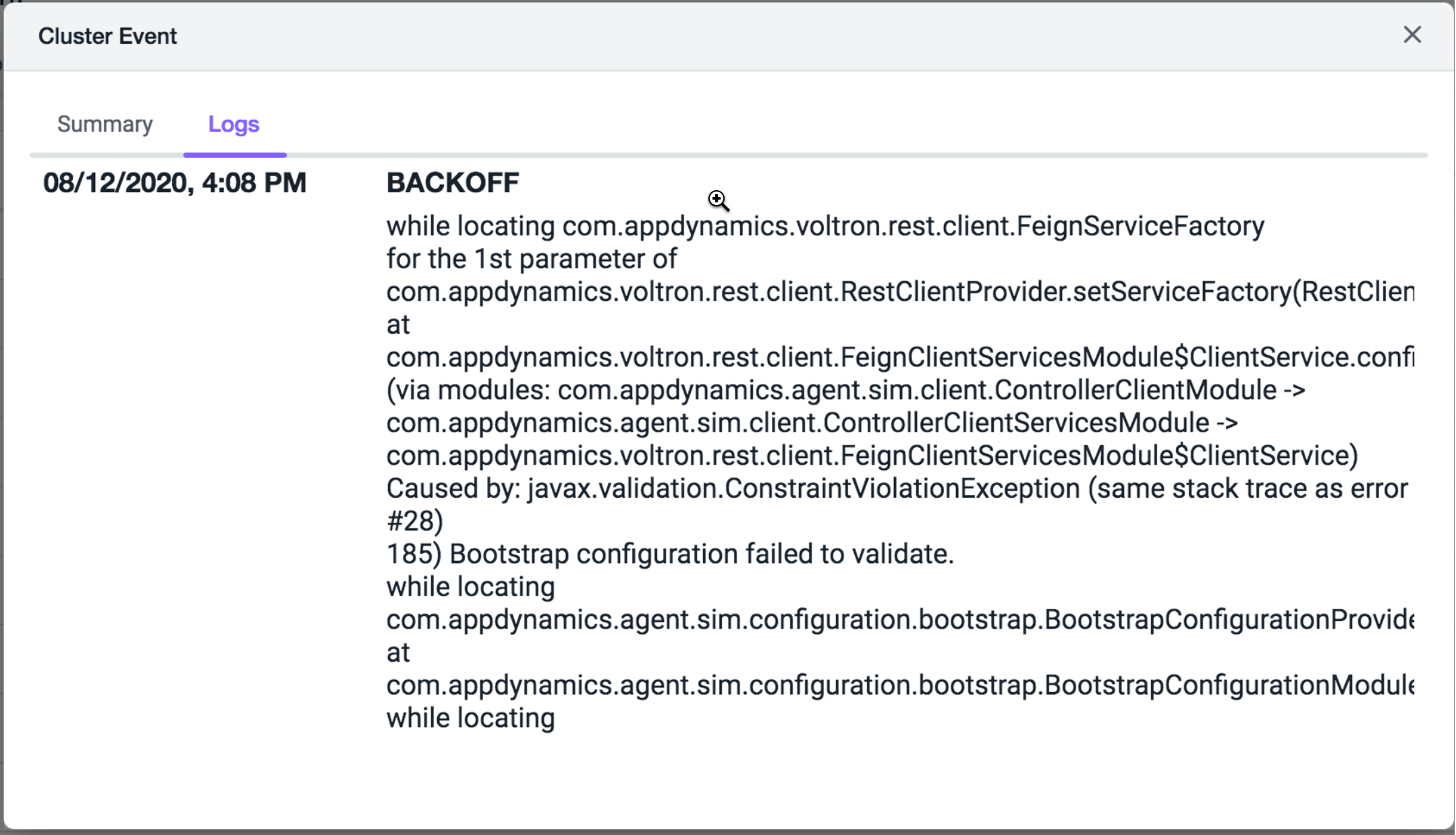 Cluster Event Logs tab includes the log details 