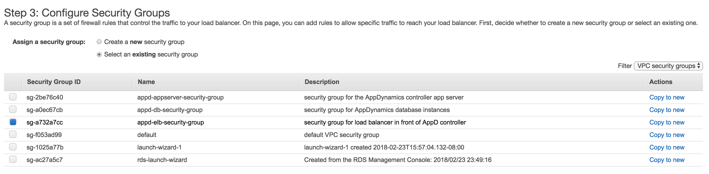 Specify the security group