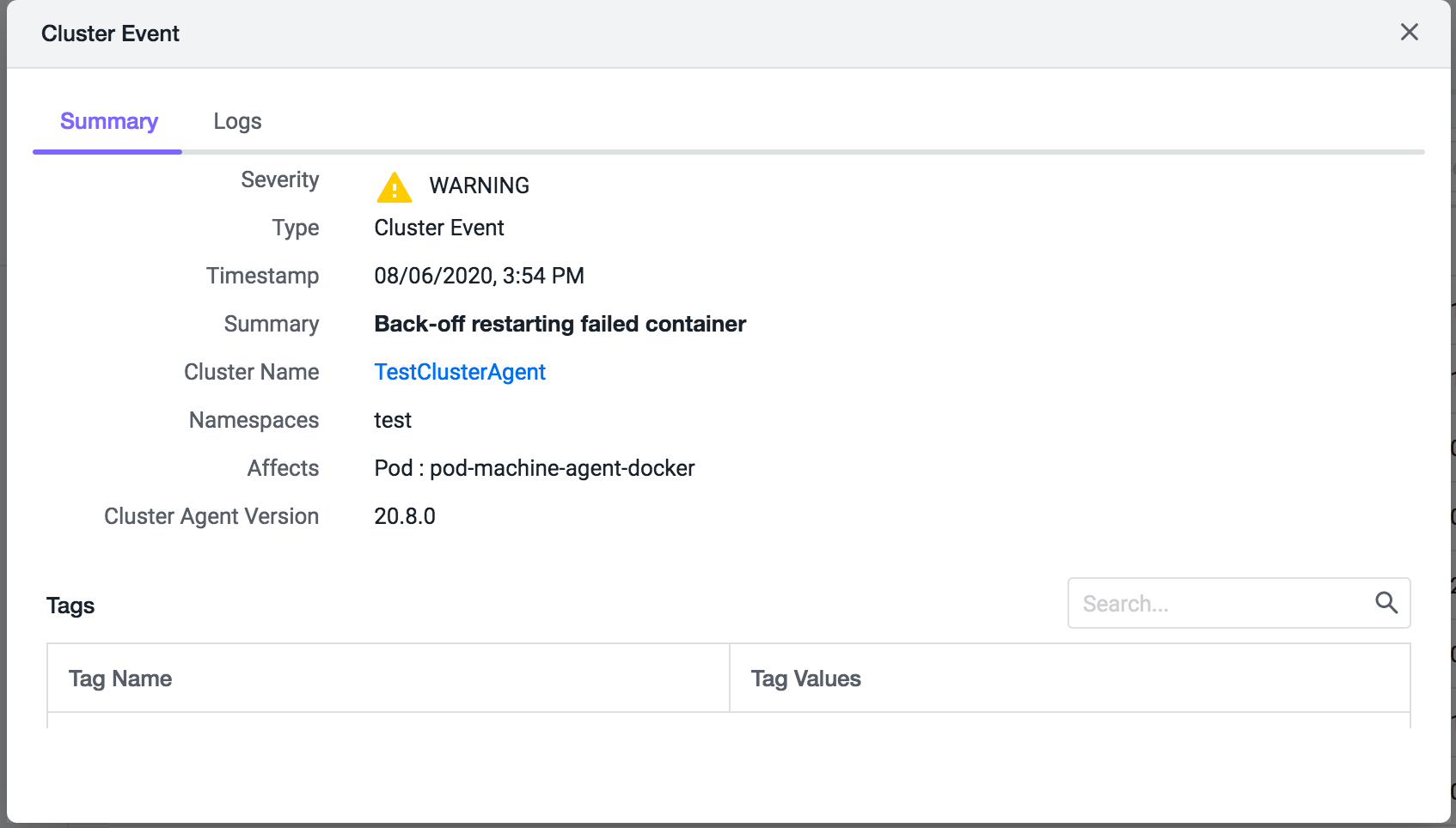 Cluster Event Summary and Logs