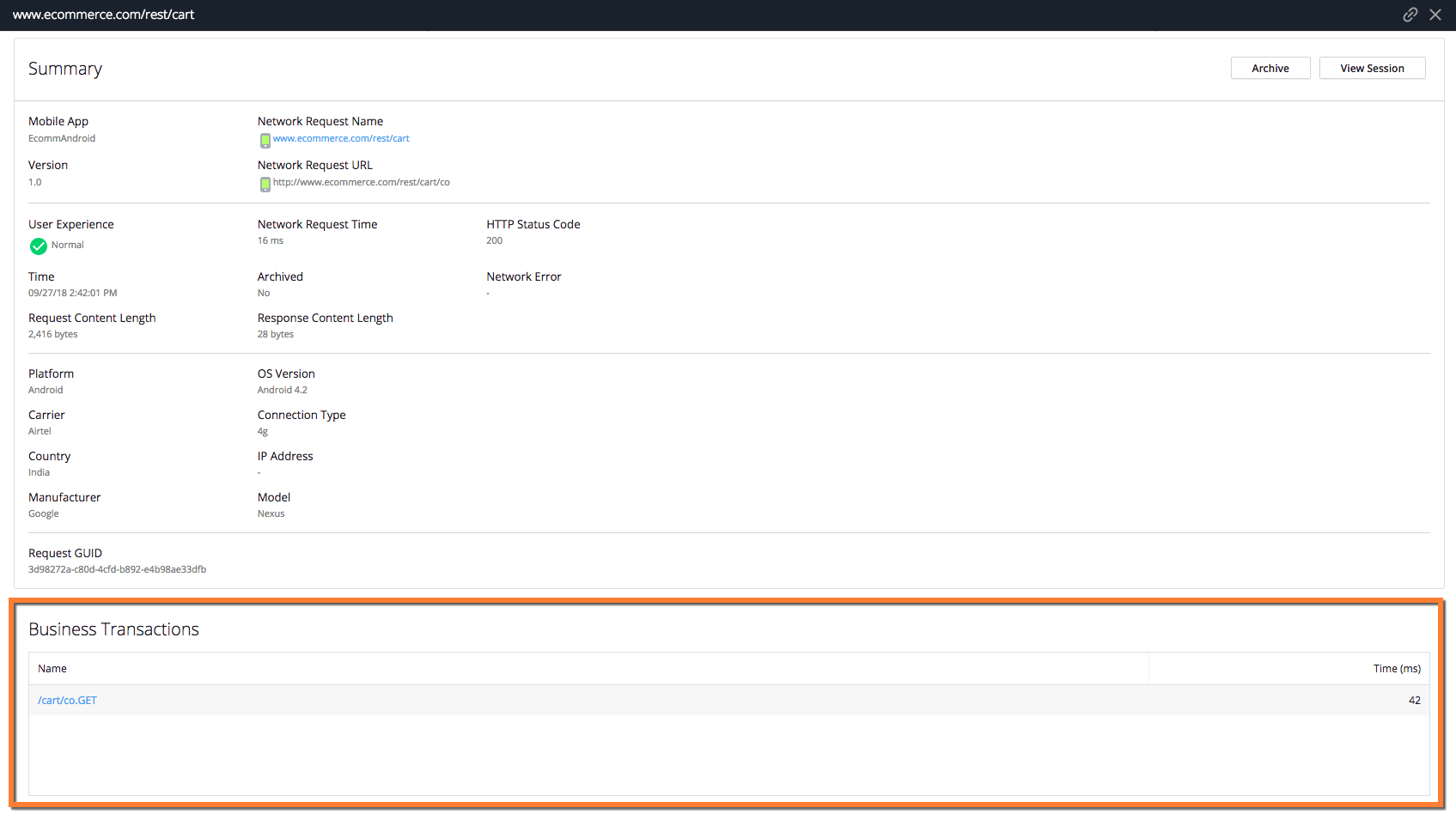 Network Transaction Snapshot Details